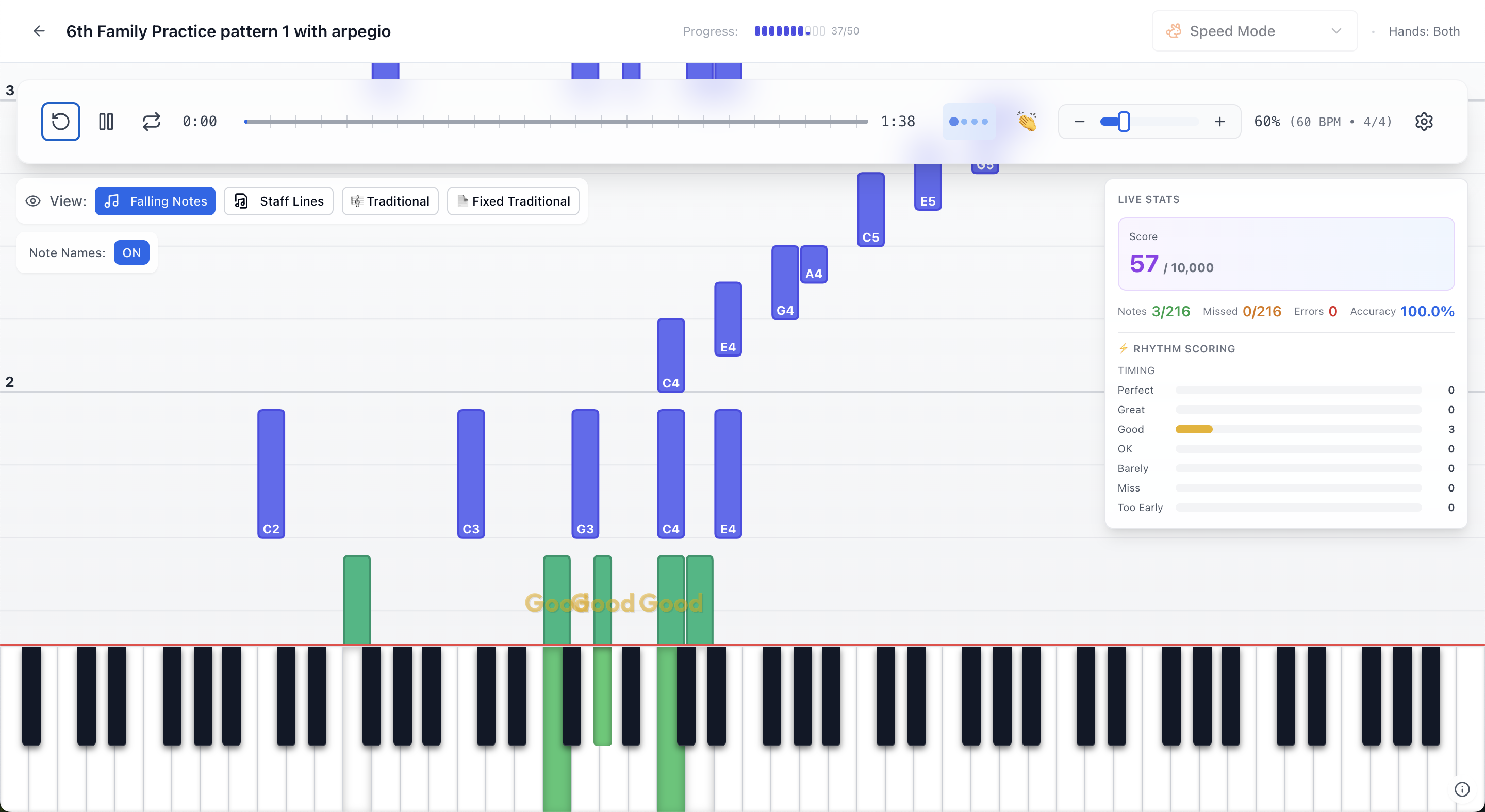 Practice View - Falling notes with live scoring, accuracy tracking, and rhythm feedback
